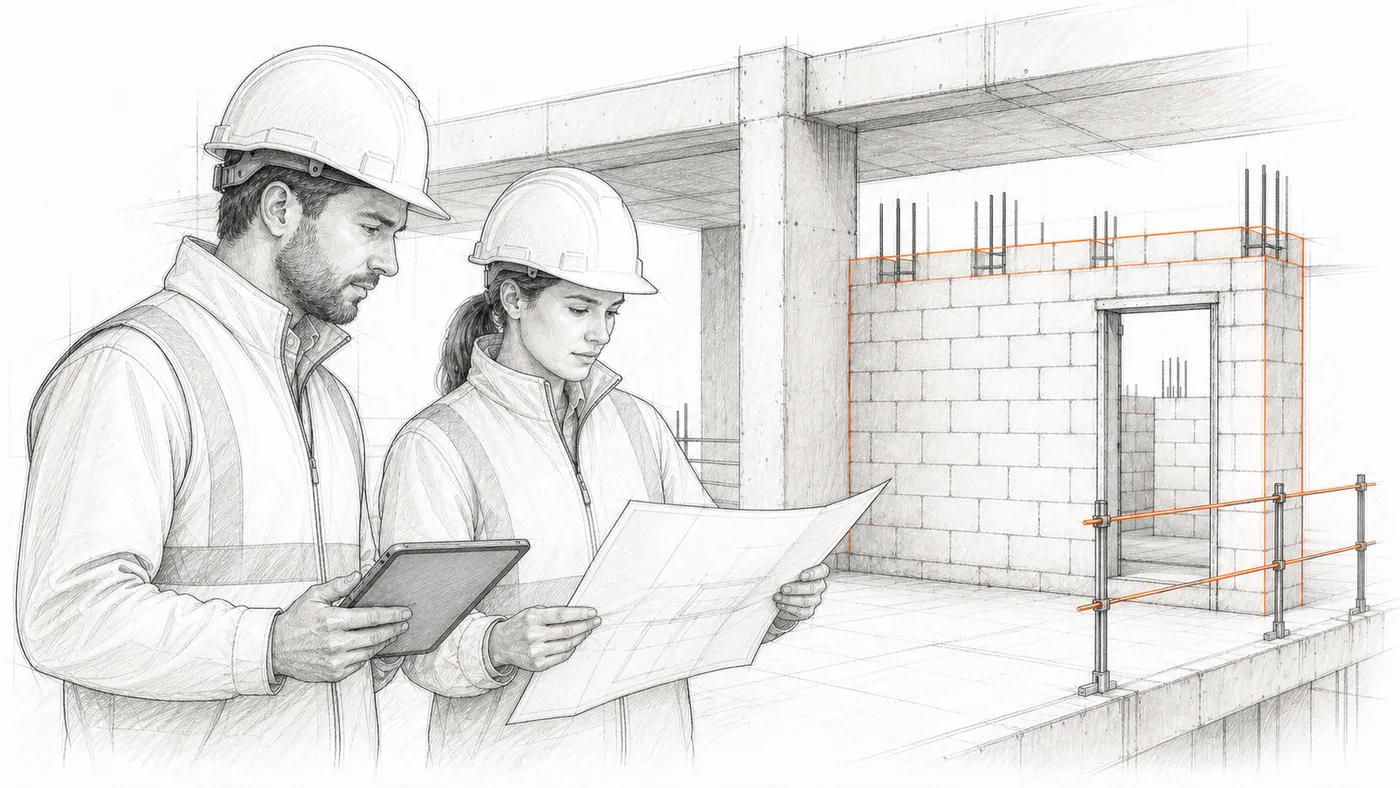 Dos profesionales revisan el avance en obra con una tablet y un plano junto a un muro en construcción.
