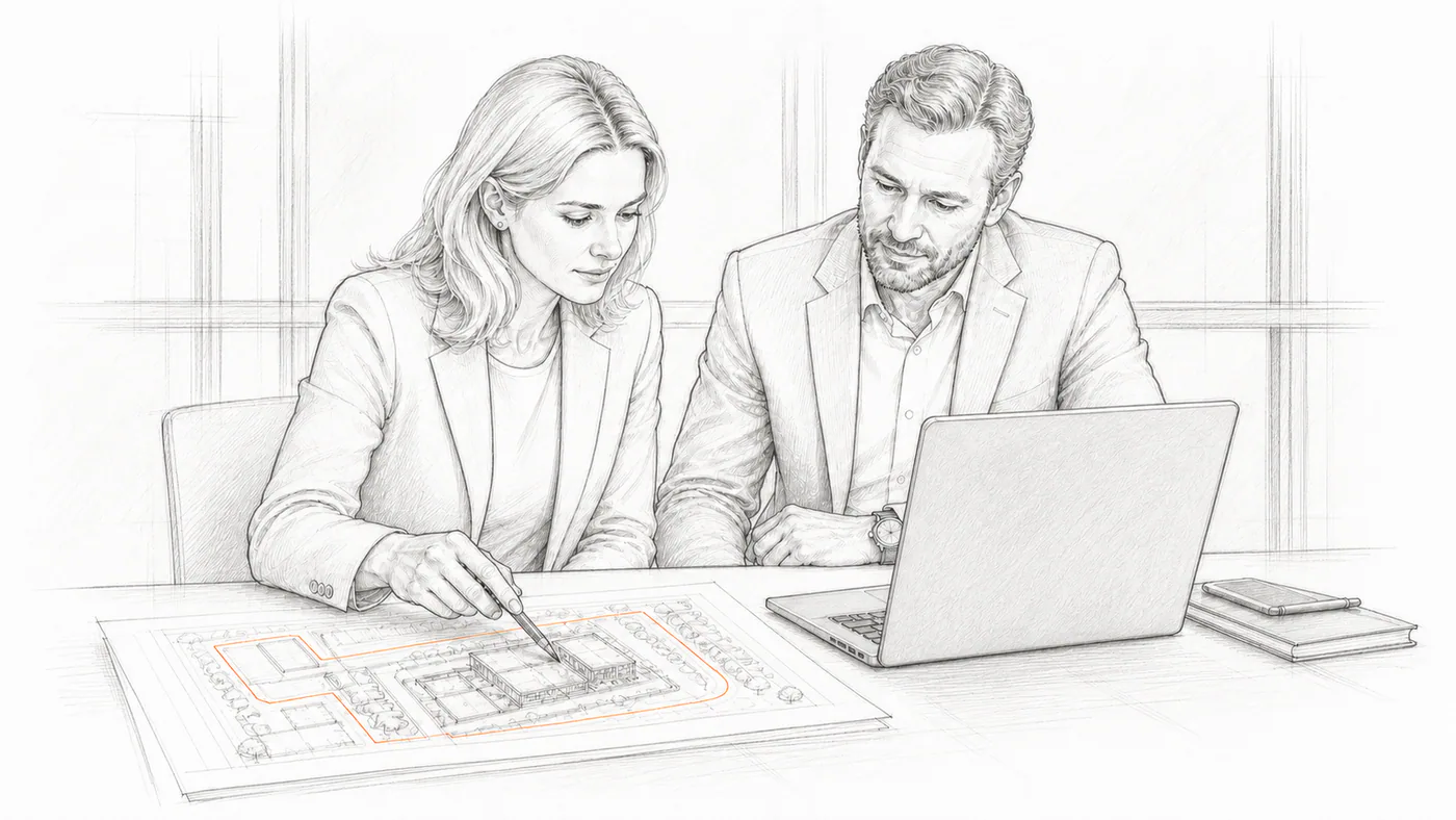 Dos profesionales revisan el proyecto desde una oficina con una laptop y un plano sobre la mesa.